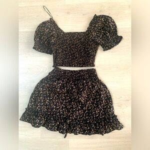 Black floral skirt and crop top matching set